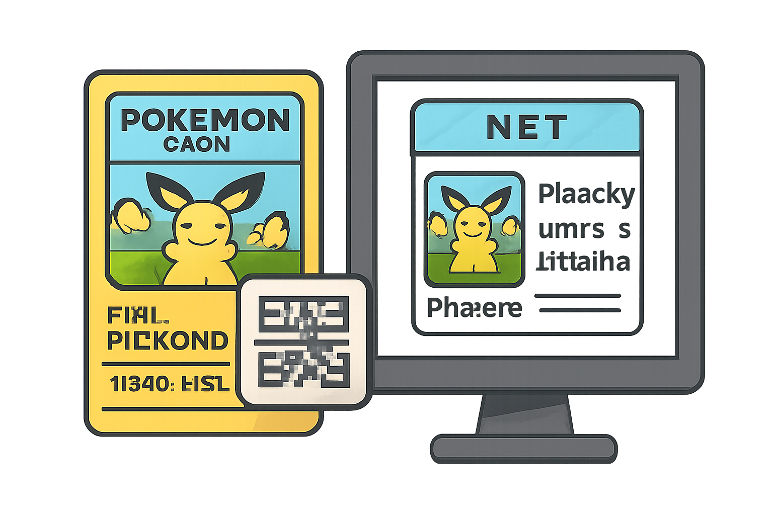A Pokémon card with a QR code sticker, and a digital NFT displaying matching metadata on a screen.