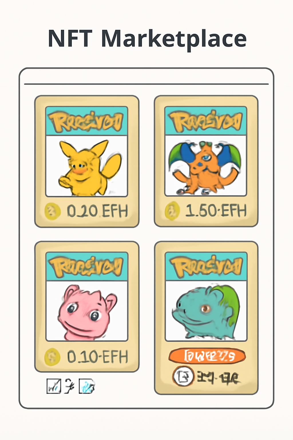 An NFT marketplace page displaying Pokémon card NFTs for sale, with price tags and auction timers.