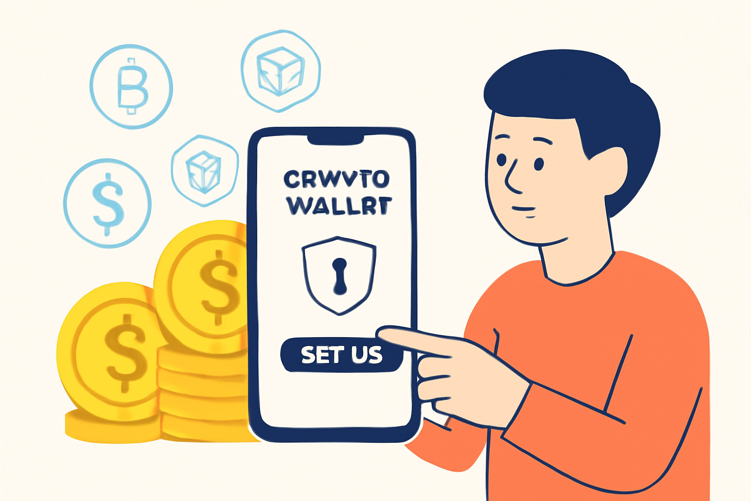 A person setting up a crypto wallet app on their smartphone, with coins and digital icons in the background.