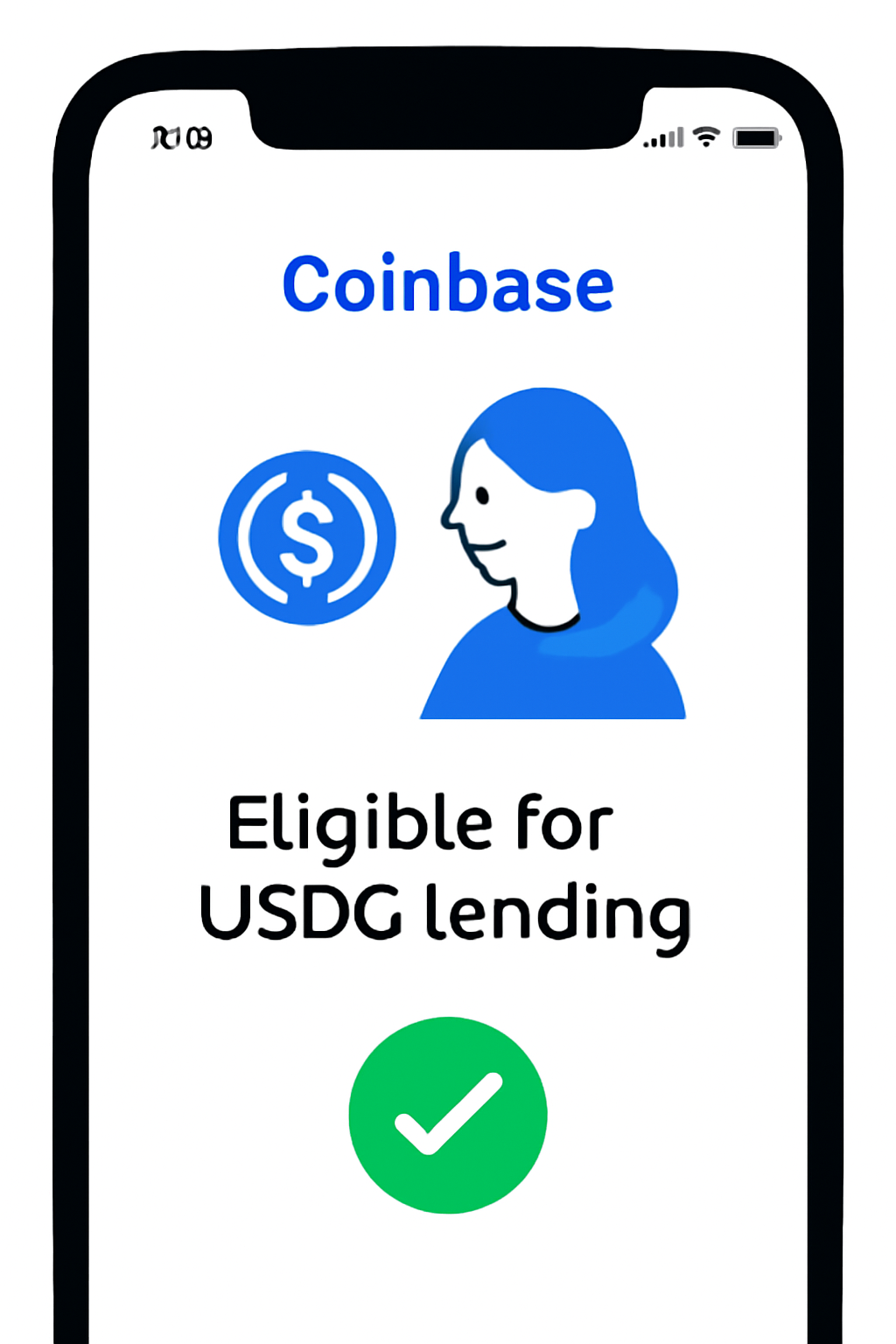 Coinbase app screen displaying USDC lending eligibility check with green checkmark