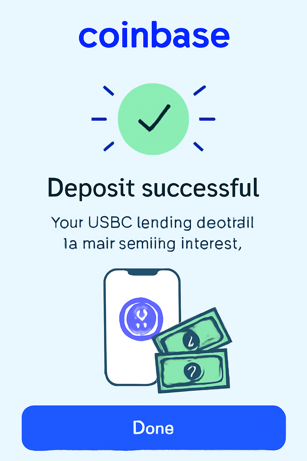 Coinbase confirmation screen for USDC lending deposit with success animation