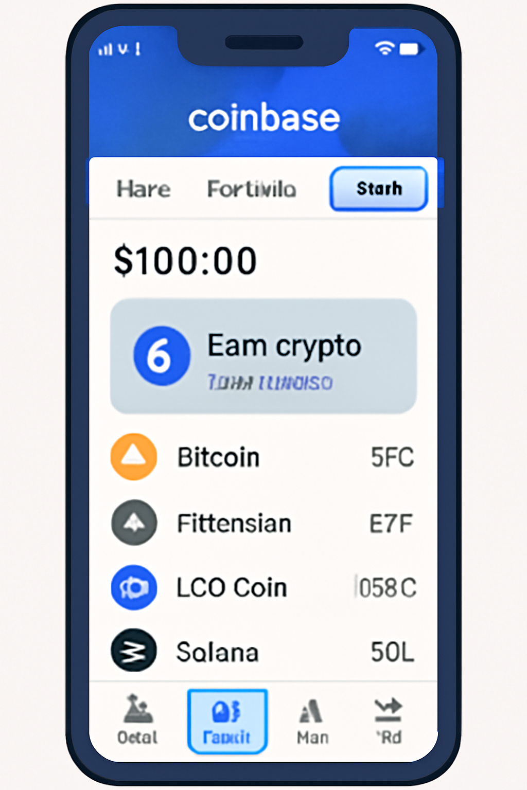 smartphone screen showing Coinbase app home page with Earn tab highlighted