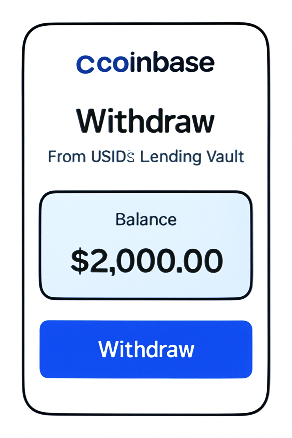 Coinbase app withdrawal screen from USDC lending vault showing balance and button