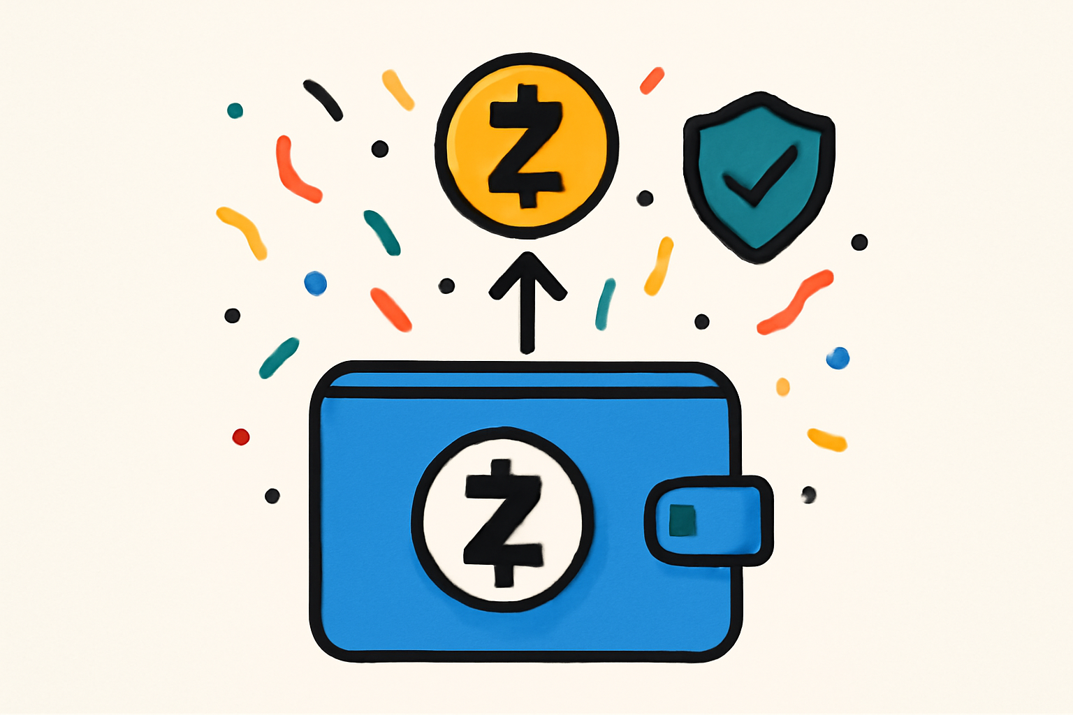 A Zcash wallet receiving funds, with a privacy shield and a celebratory confetti effect.