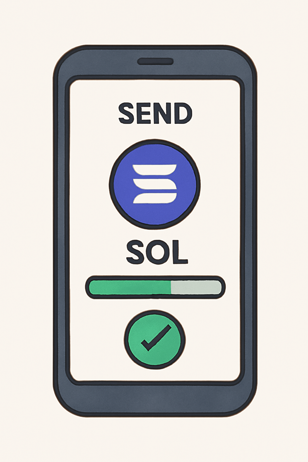 A mobile phone sending SOL tokens, with a progress bar and confirmation checkmark.