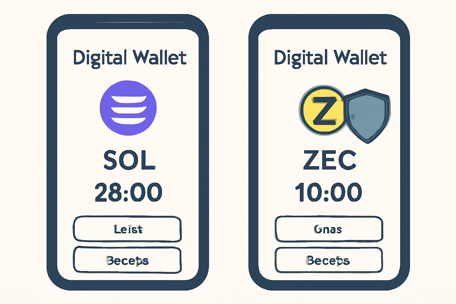 A digital wallet app showing SOL and another showing ZEC, with a shield icon to emphasize privacy.