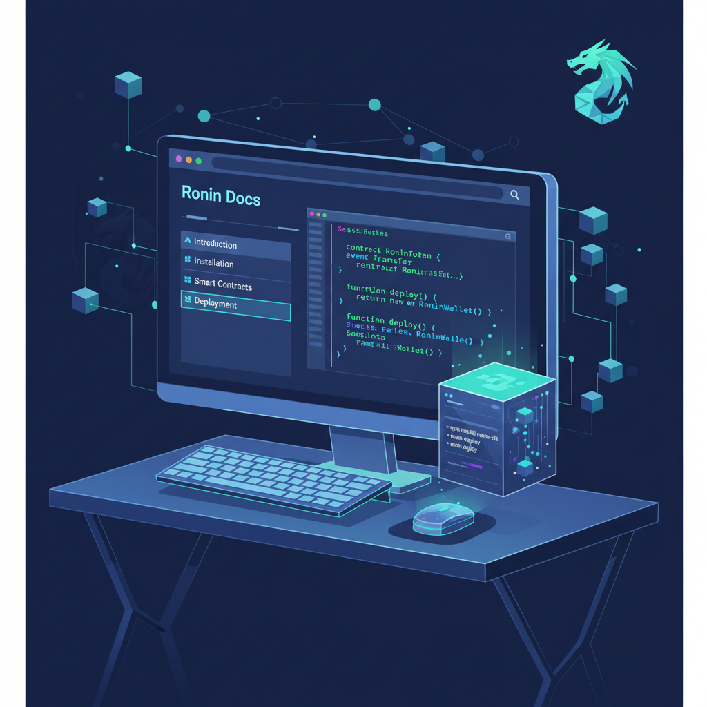 developer workstation with Ronin docs open, code editor, terminal setup, futuristic blockchain theme