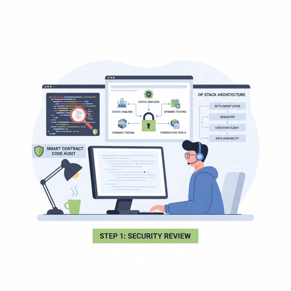 smart contract code audit on screen, security scanning tools, OP Stack diagram, professional coder