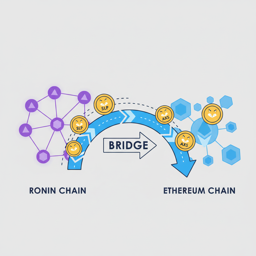 blockchain bridge visualization, tokens crossing chains, Ronin to Ethereum, glowing network graph