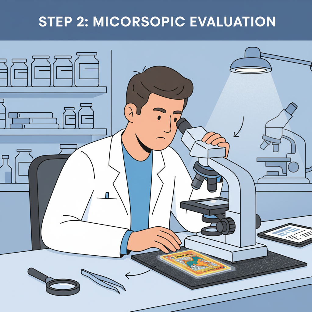 PSA grader inspecting shiny vintage Pokémon card under microscope, professional lab, detailed textures