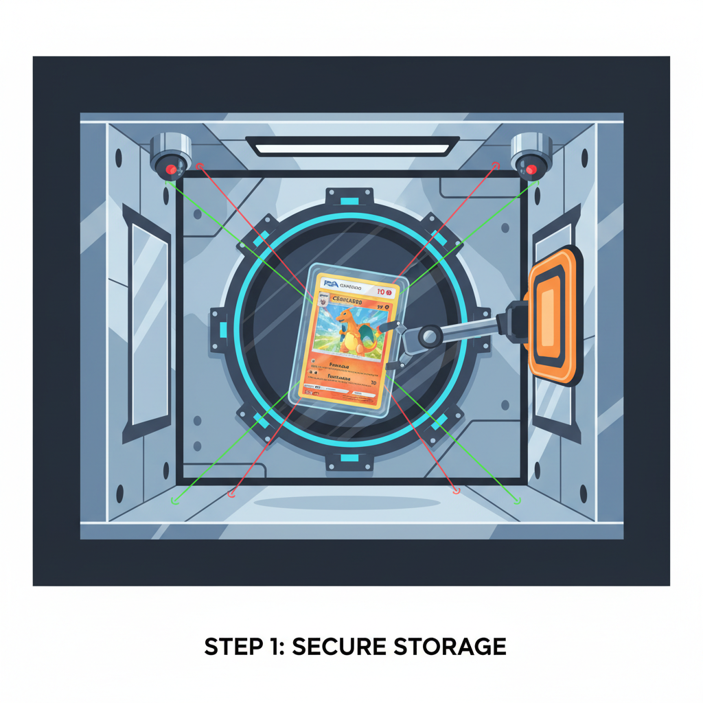 graded Pokémon card sealed in high-tech vault, surveillance cameras, glowing security lights