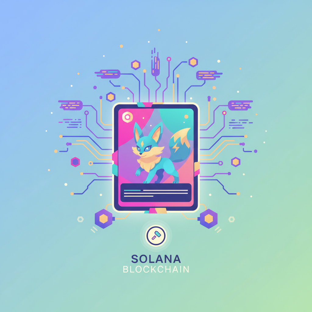 Solana blockchain minting vibrant Pokémon NFT, digital card glowing from code streams