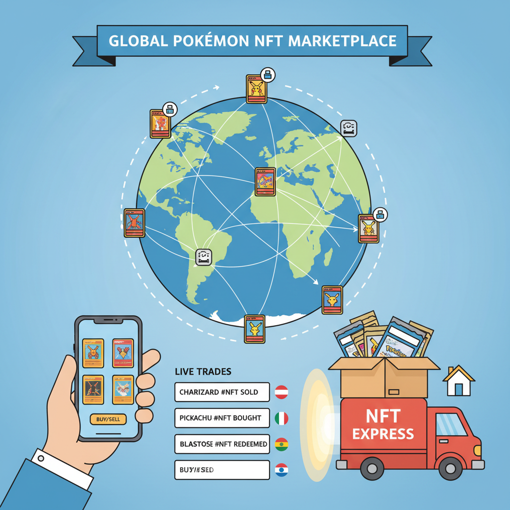 dynamic NFT marketplace trading Pokémon cards, global map trades, redemption delivery truck