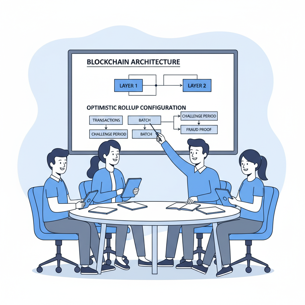professional team in meeting room discussing blockchain diagrams on whiteboard, optimistic rollup config charts, modern office, blue tones