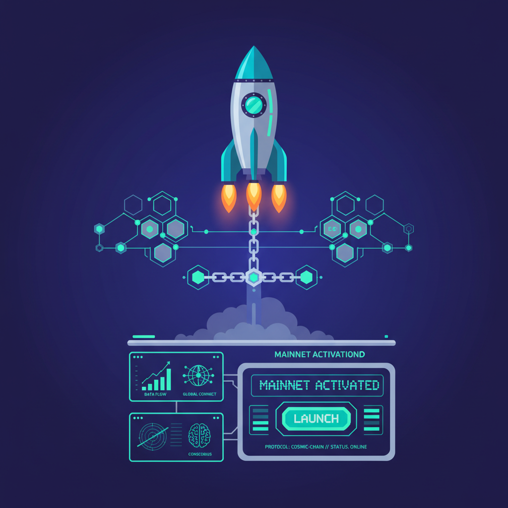 rocket launching blockchain chain into superchain network, mainnet activation dashboard, monitoring screens, futuristic cyberpunk style