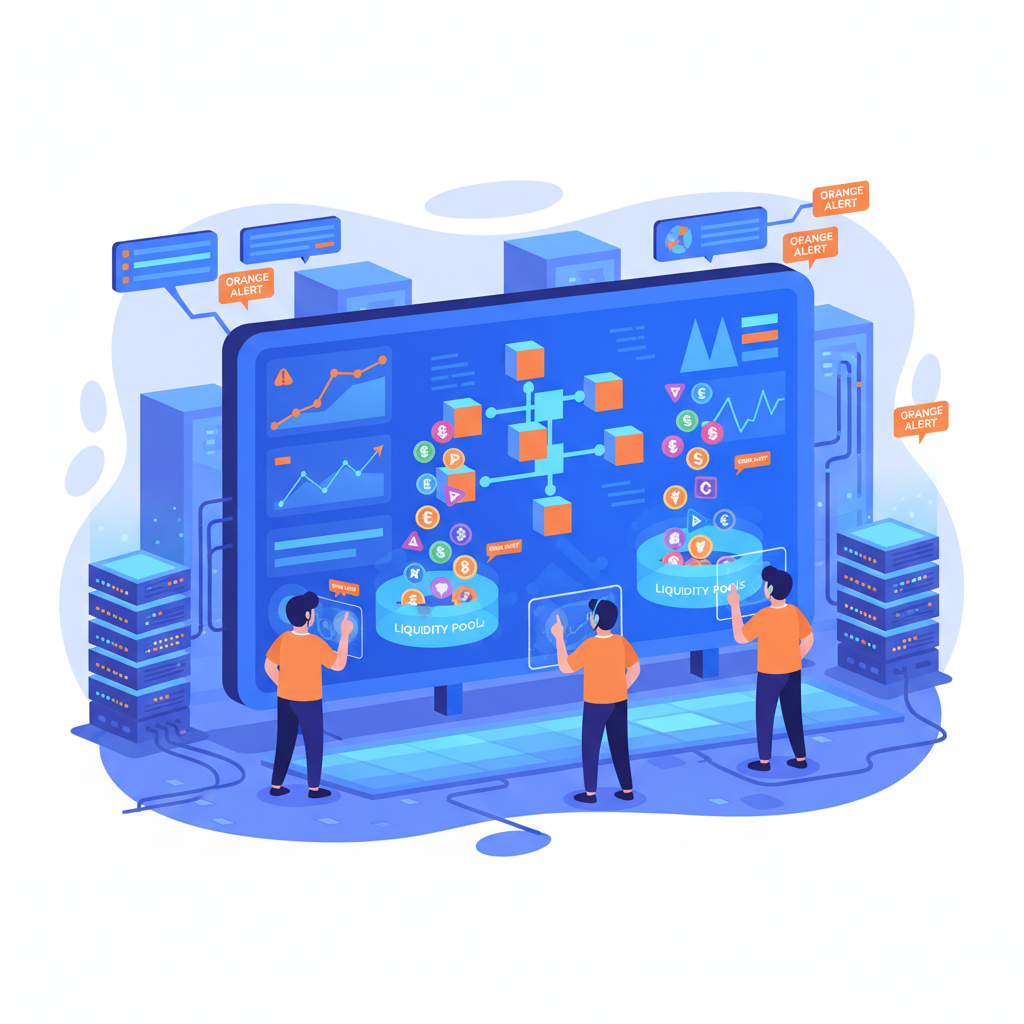 testers monitoring blockchain dashboard with graphs, liquidity pools filling with tokens, testnet nodes, data center vibe, orange alerts
