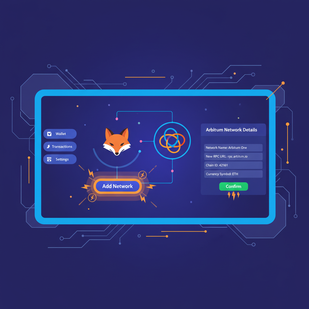 MetaMask adding Arbitrum network settings, futuristic dashboard, motivational energy bursts