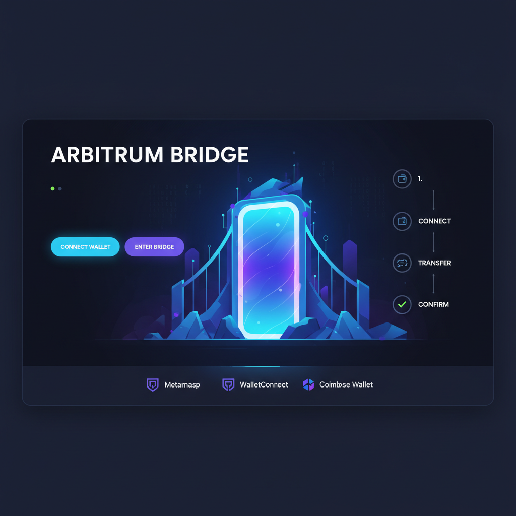 Arbitrum official bridge homepage, heroic bridge portal glowing, dark mode cyber interface