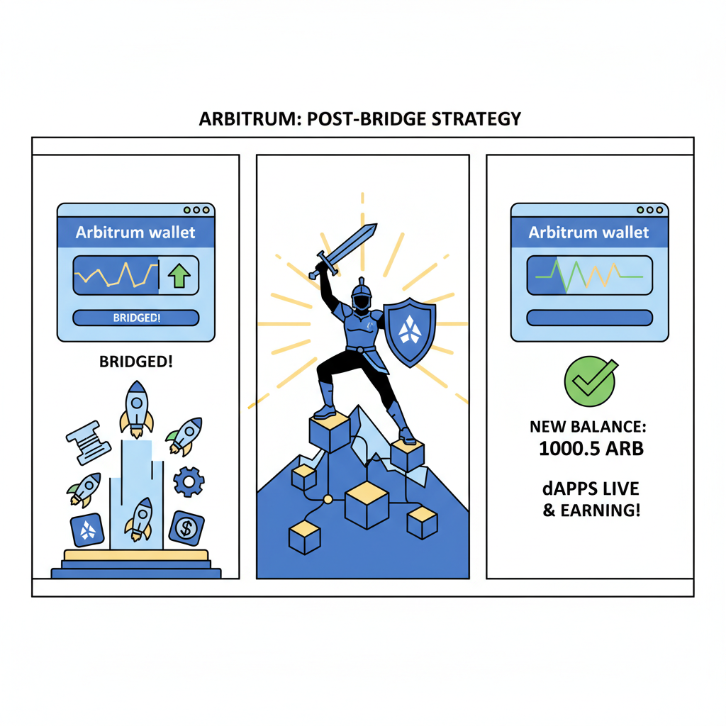 Arbitrum wallet balance after bridge, dApps launching, victorious crypto warrior silhouette
