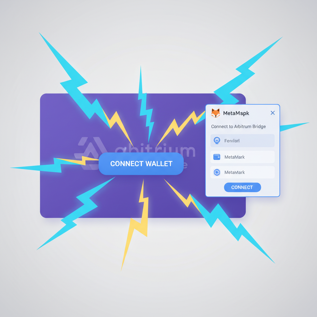 Wallet connect button on Arbitrum bridge, MetaMask popup, intense connection lightning effects