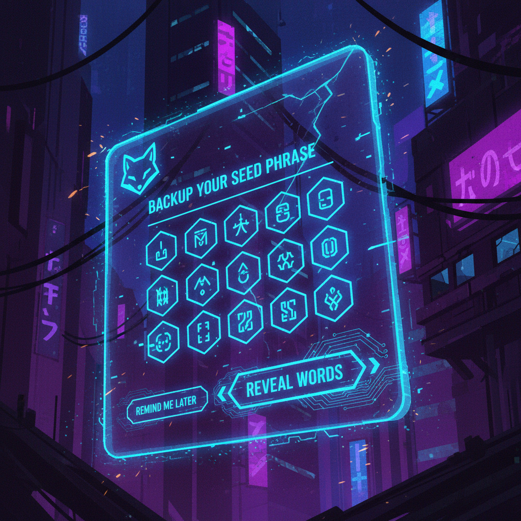 MetaMask wallet setup screen with seed phrase backup, aggressive cyberpunk style, glowing neon blues