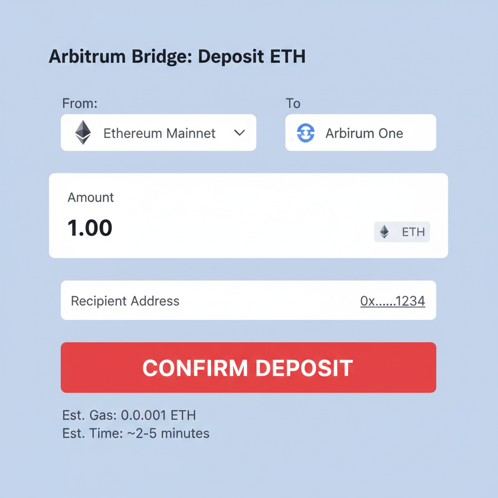 Arbitrum bridge deposit form with ETH selected, amount input, aggressive red confirm button