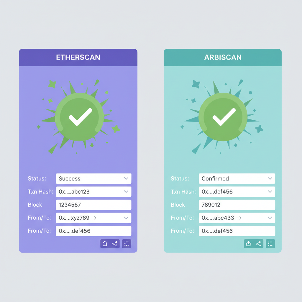 Etherscan and Arbiscan tx verification screens side by side, success checkmarks exploding