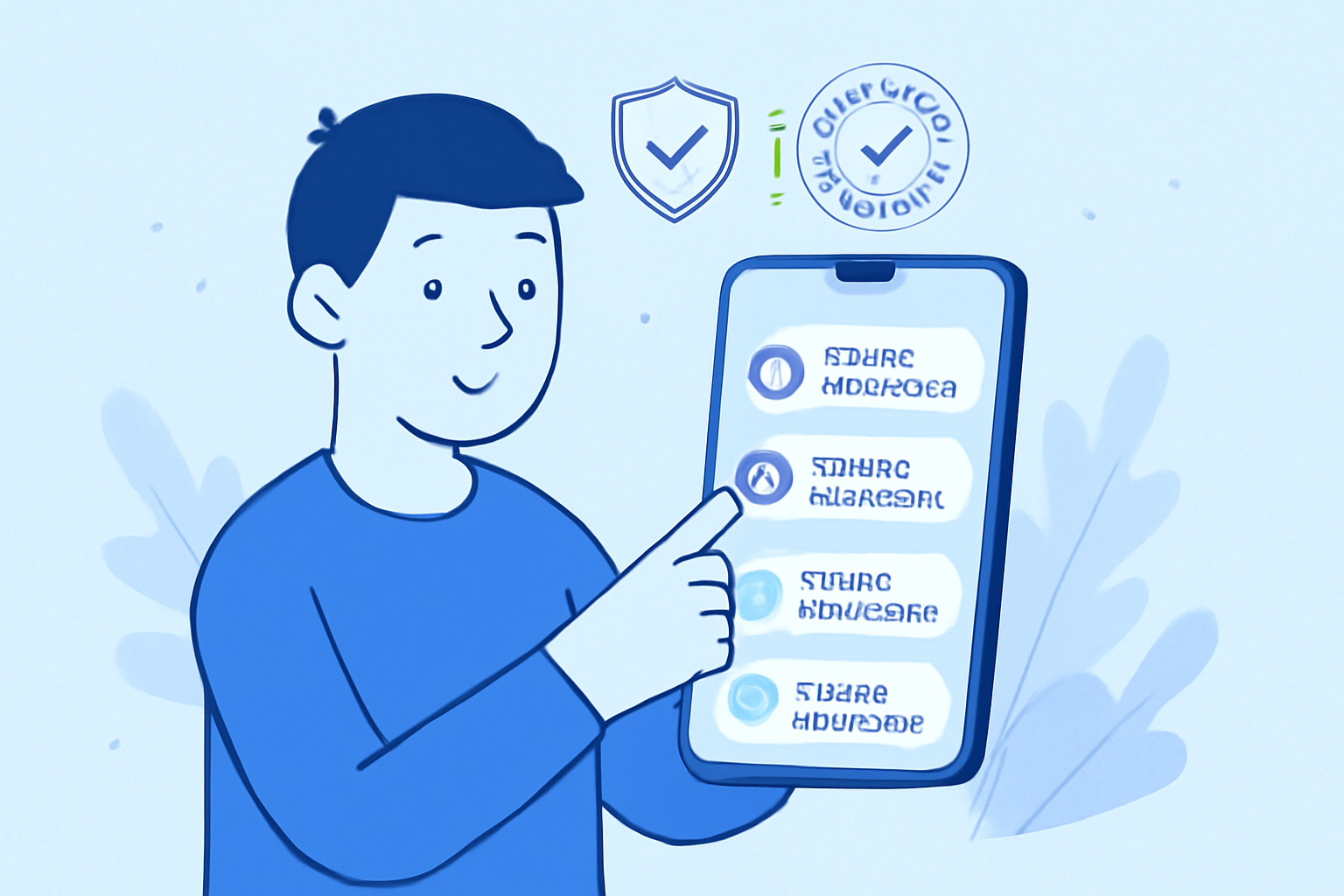 illustration of beginner selecting trusted crypto exchange app on phone, clean UI, regulatory badges, blue tones