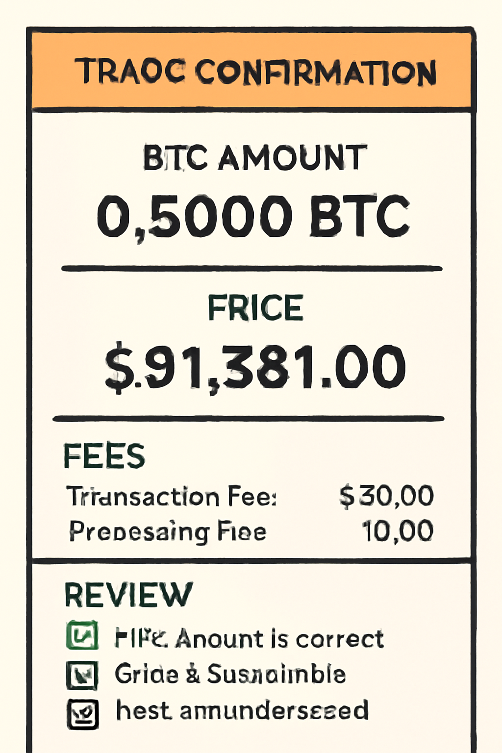 closeup of trade confirmation screen with BTC amount, $91,381 price, fees breakdown, review checklist