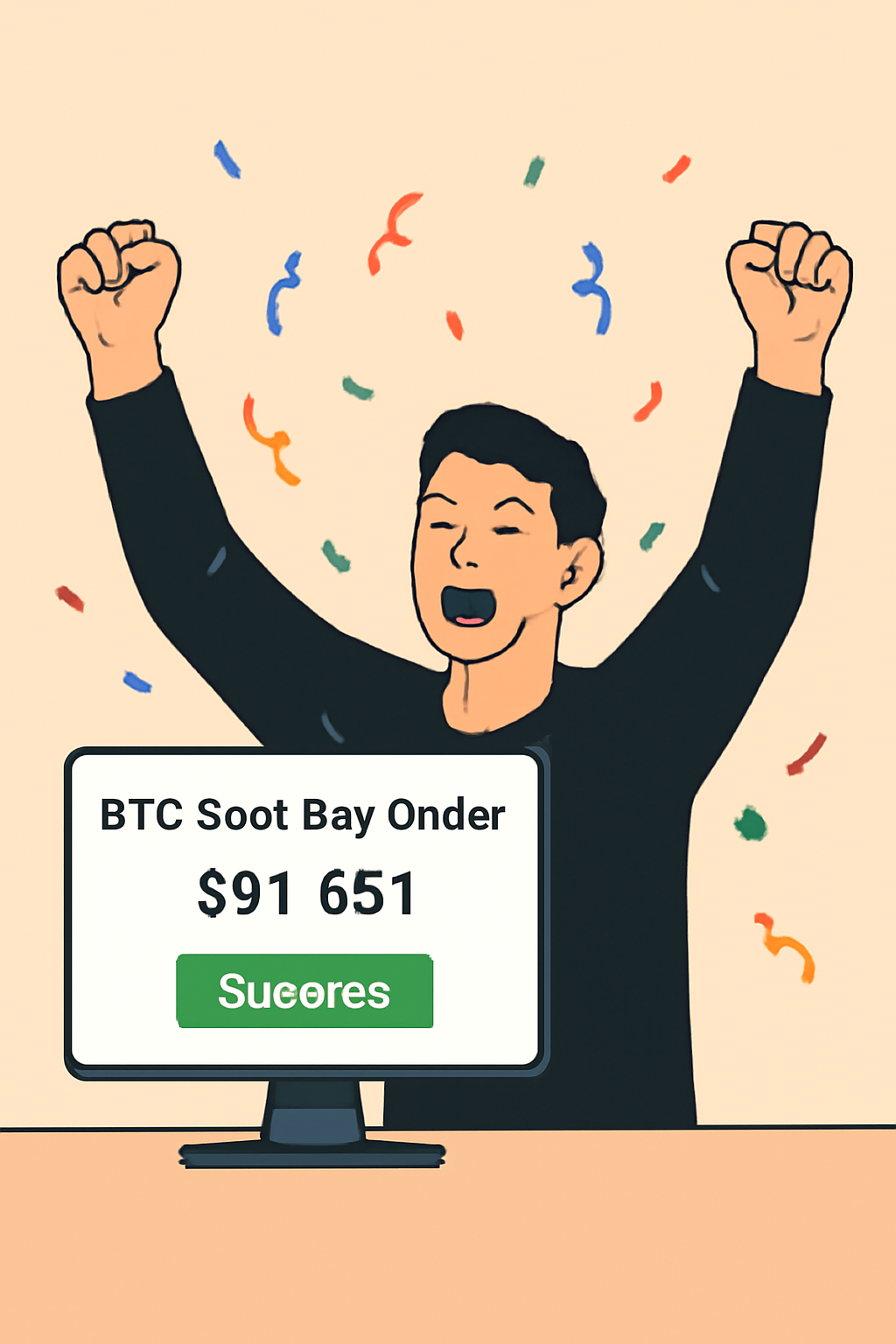 exciting moment of confirming BTC spot buy order, green success button, confetti effect, price $91,381