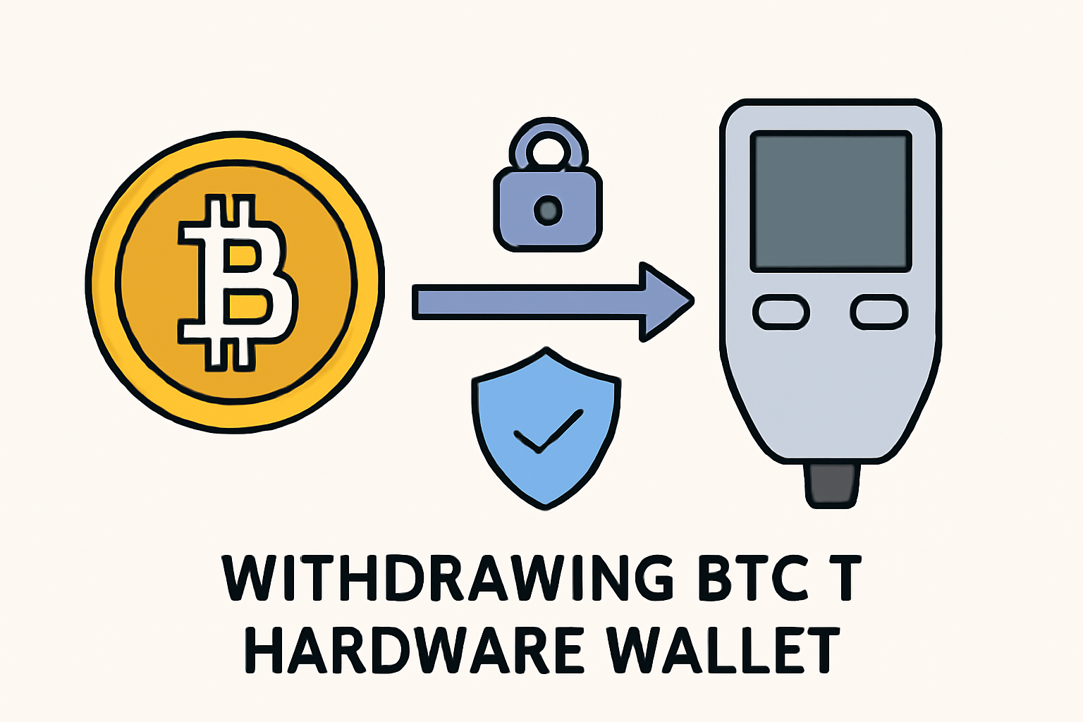 illustration of withdrawing BTC to hardware wallet, secure transfer arrow, lock icon, protective shield