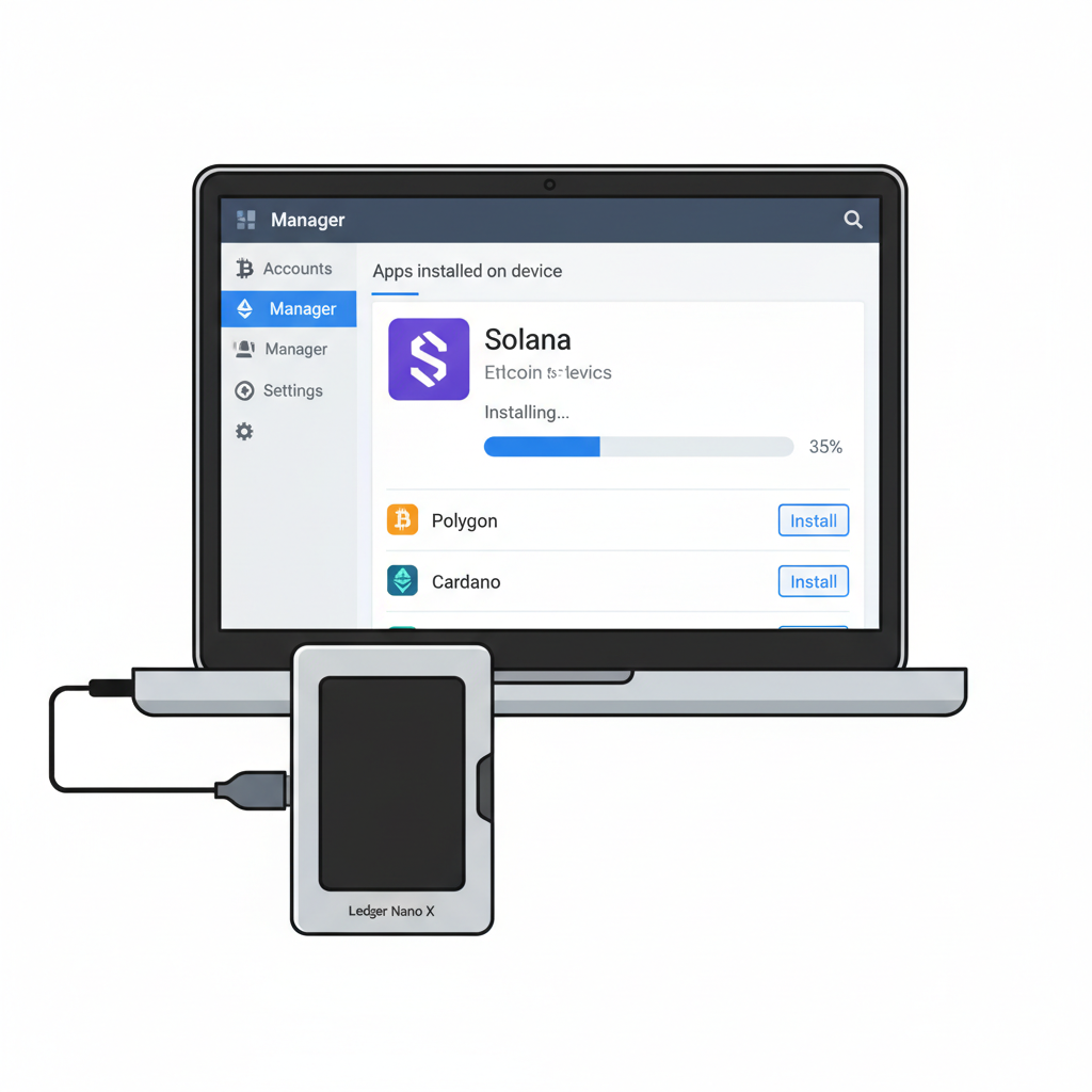 Ledger Nano X connected to laptop, Ledger Live interface showing Solana app installation, clean tech illustration