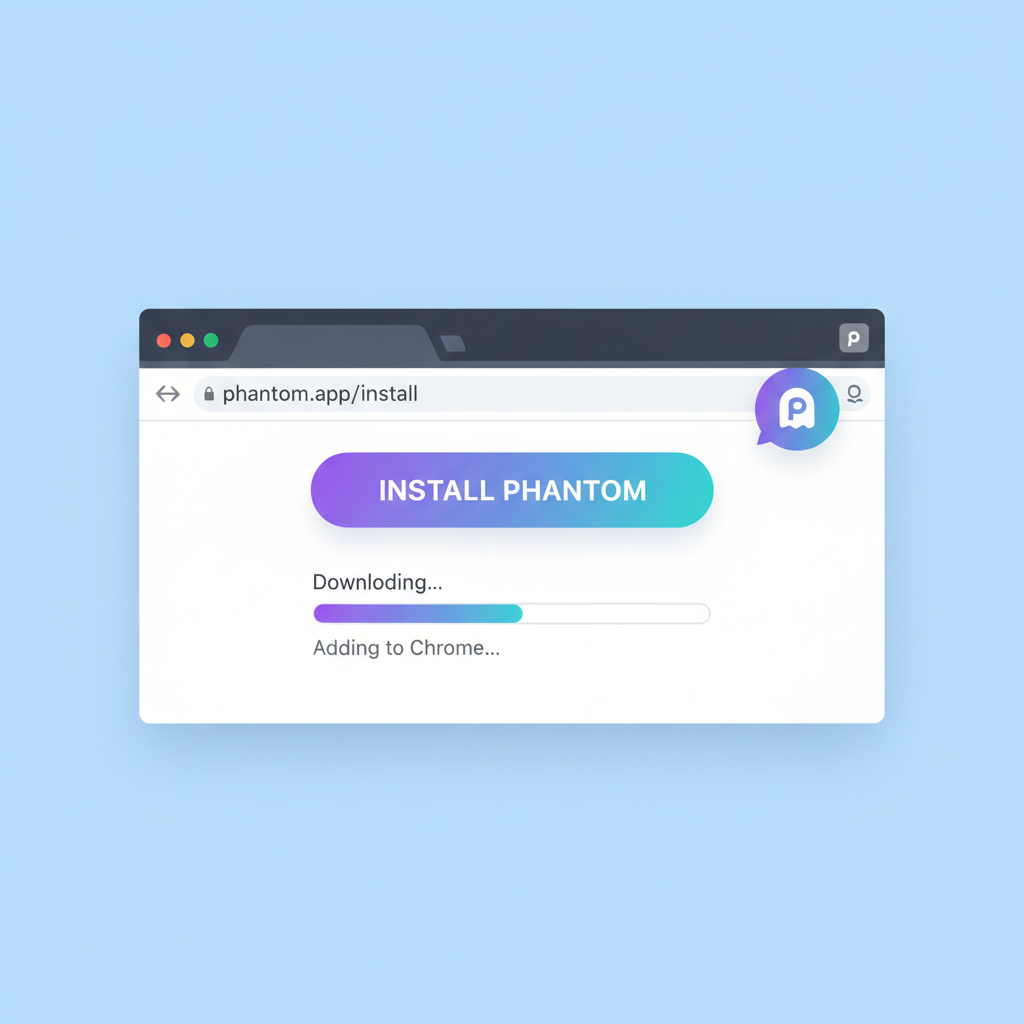 Browser with Phantom wallet extension being installed from official site, sleek Solana-themed UI, modern digital art