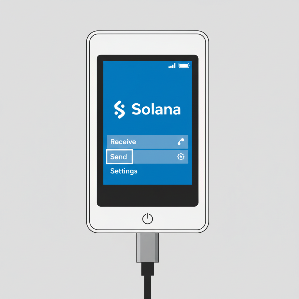 Close-up of Ledger Nano device screen displaying Solana app open, USB cable connected, secure hardware focus