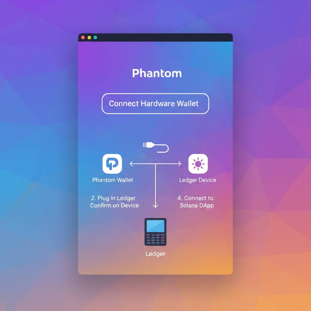 Phantom wallet interface showing 'Connect Hardware Wallet' to Ledger option, connection flow diagram, vibrant Solana colors