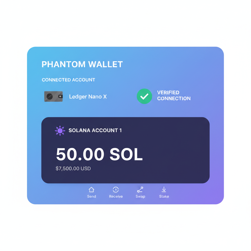 Phantom dashboard displaying Ledger-connected Solana account with balance, successful verification checkmark, tech UI screenshot style