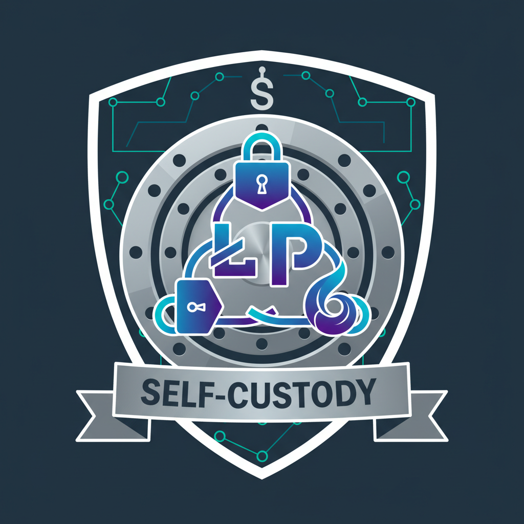 Secure vault icon with Ledger and Phantom logos integrated, lock symbols, self-custody theme, illustrative security art