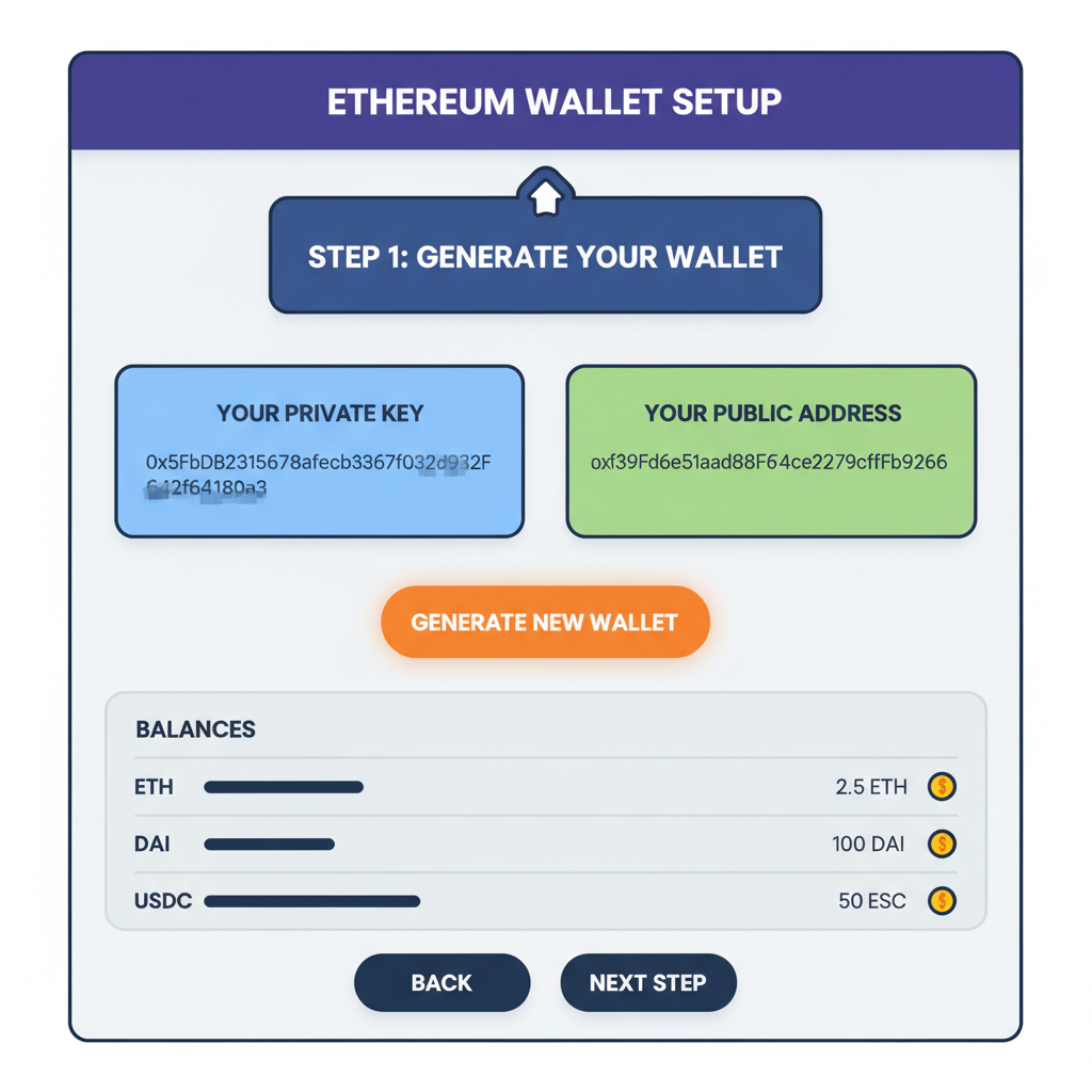 ethereum wallet generation interface with private key and balances