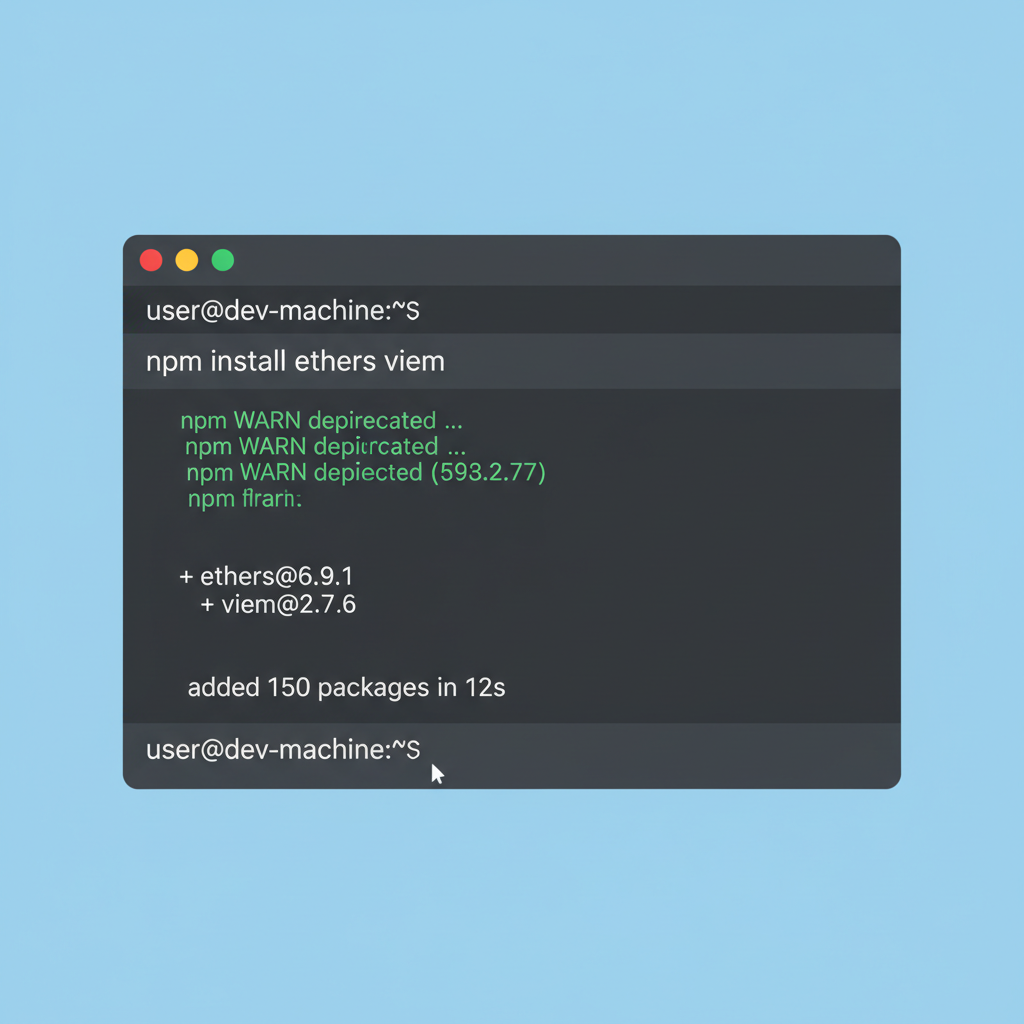 clean terminal installing npm packages ethers viem for ethereum dev