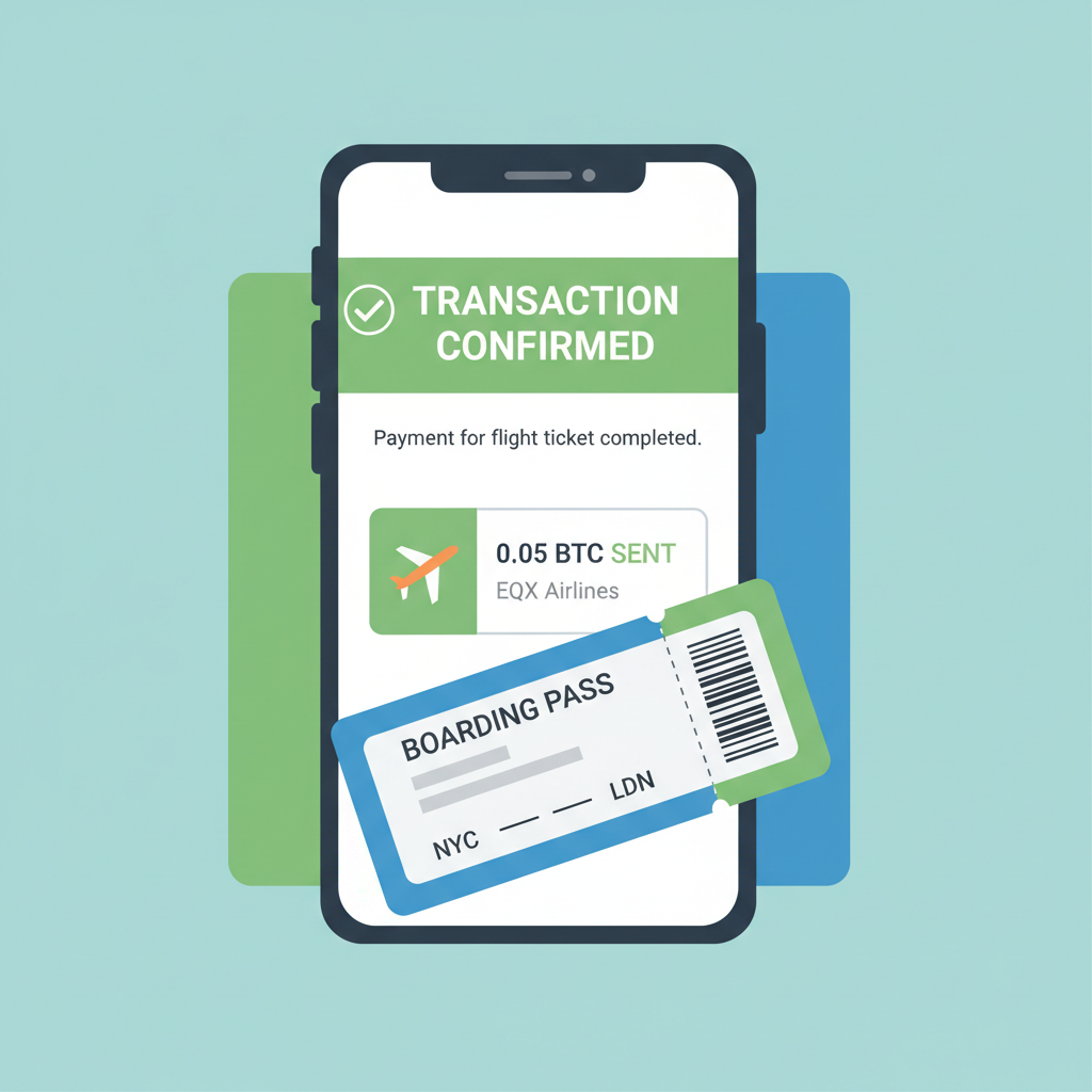 successful transaction confirmation in crypto wallet with flight ticket