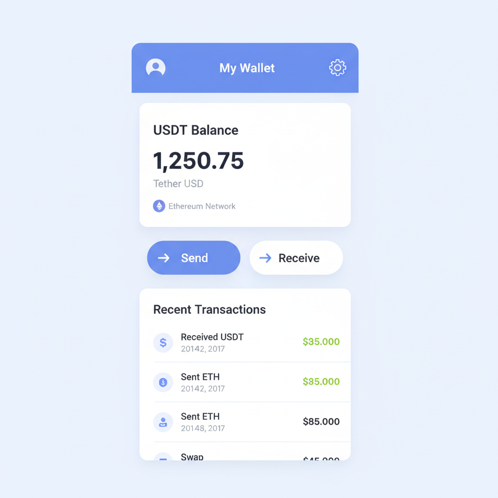 modern crypto wallet interface showing USDT balance on Ethereum network