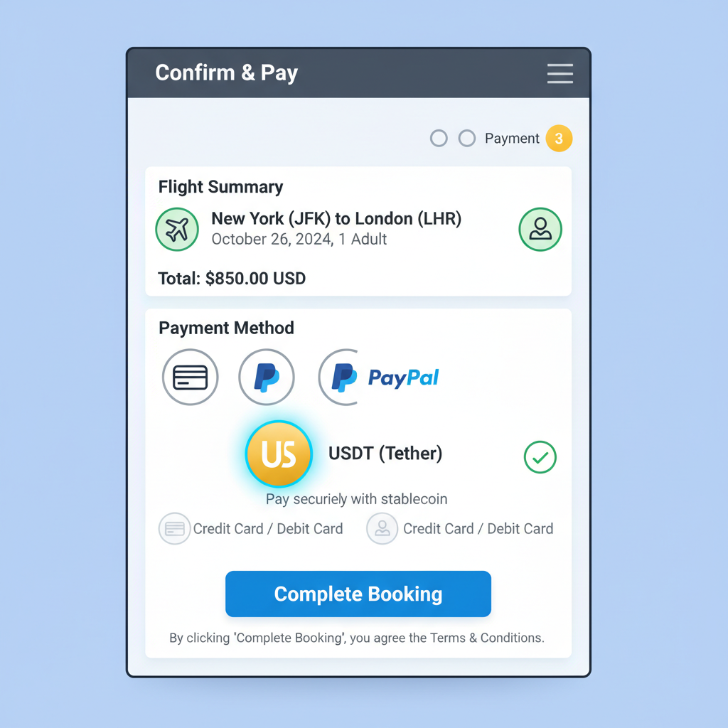 checkout screen on flight booking site highlighting USDT payment option