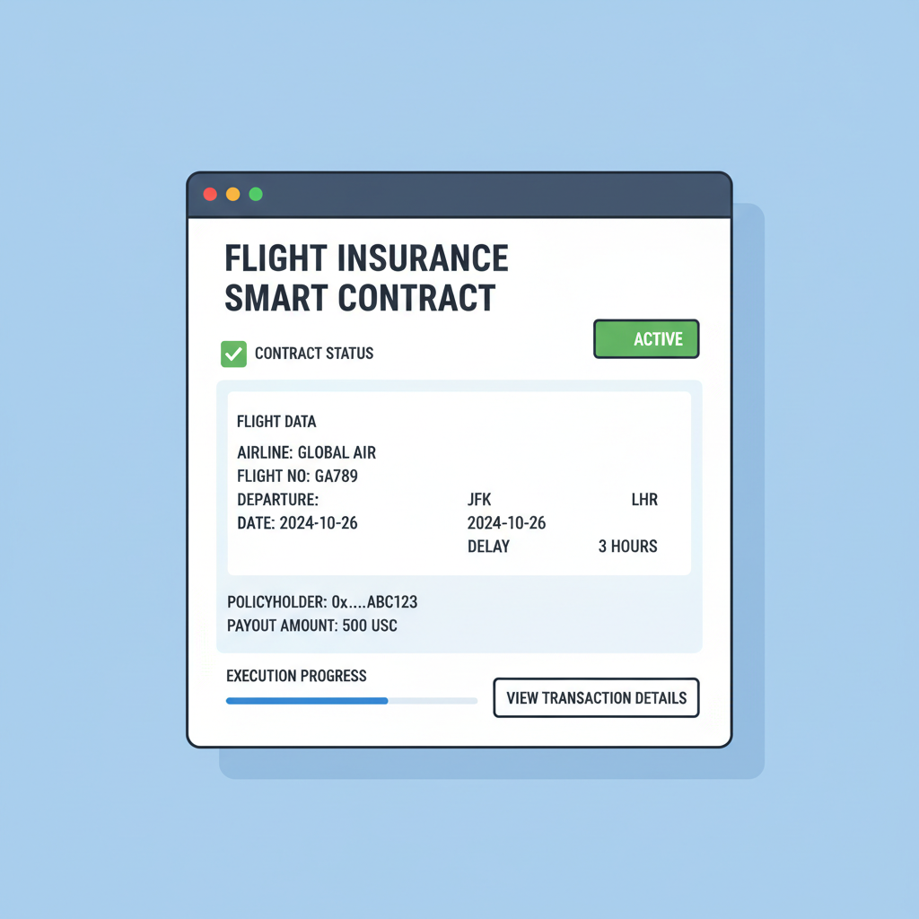 blockchain explorer showing active insurance smart contract with flight data