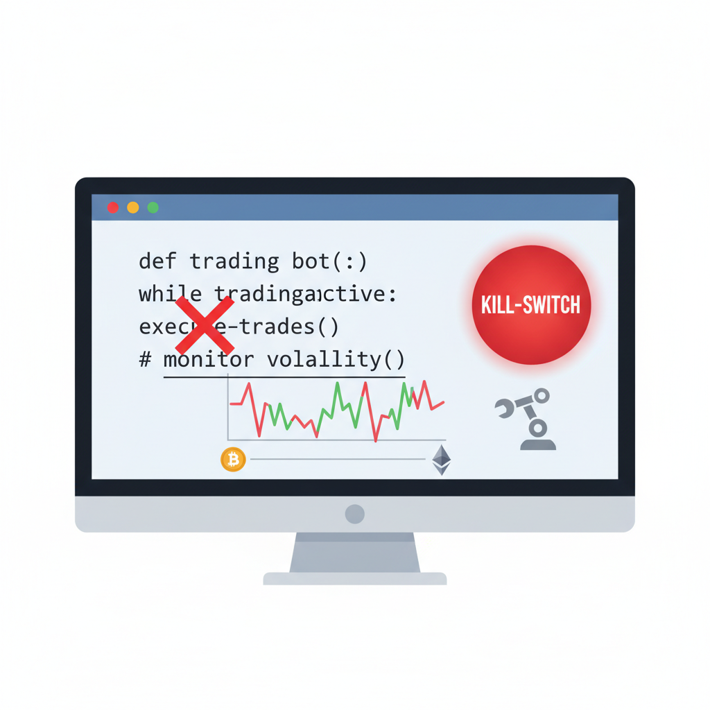 code snippet on screen with red kill-switch button halting trading bot, crypto volatility graph in background