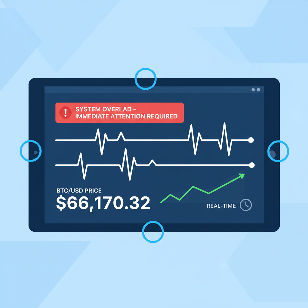 monitoring dashboard with heartbeat pulses, alert notifications, BTC price chart at $66,170 real-time