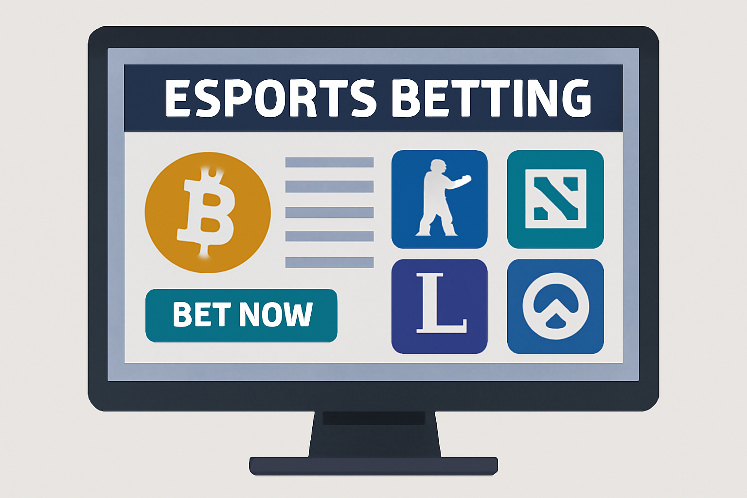 A computer screen displaying a modern esports betting website with Bitcoin and popular esports games logos
