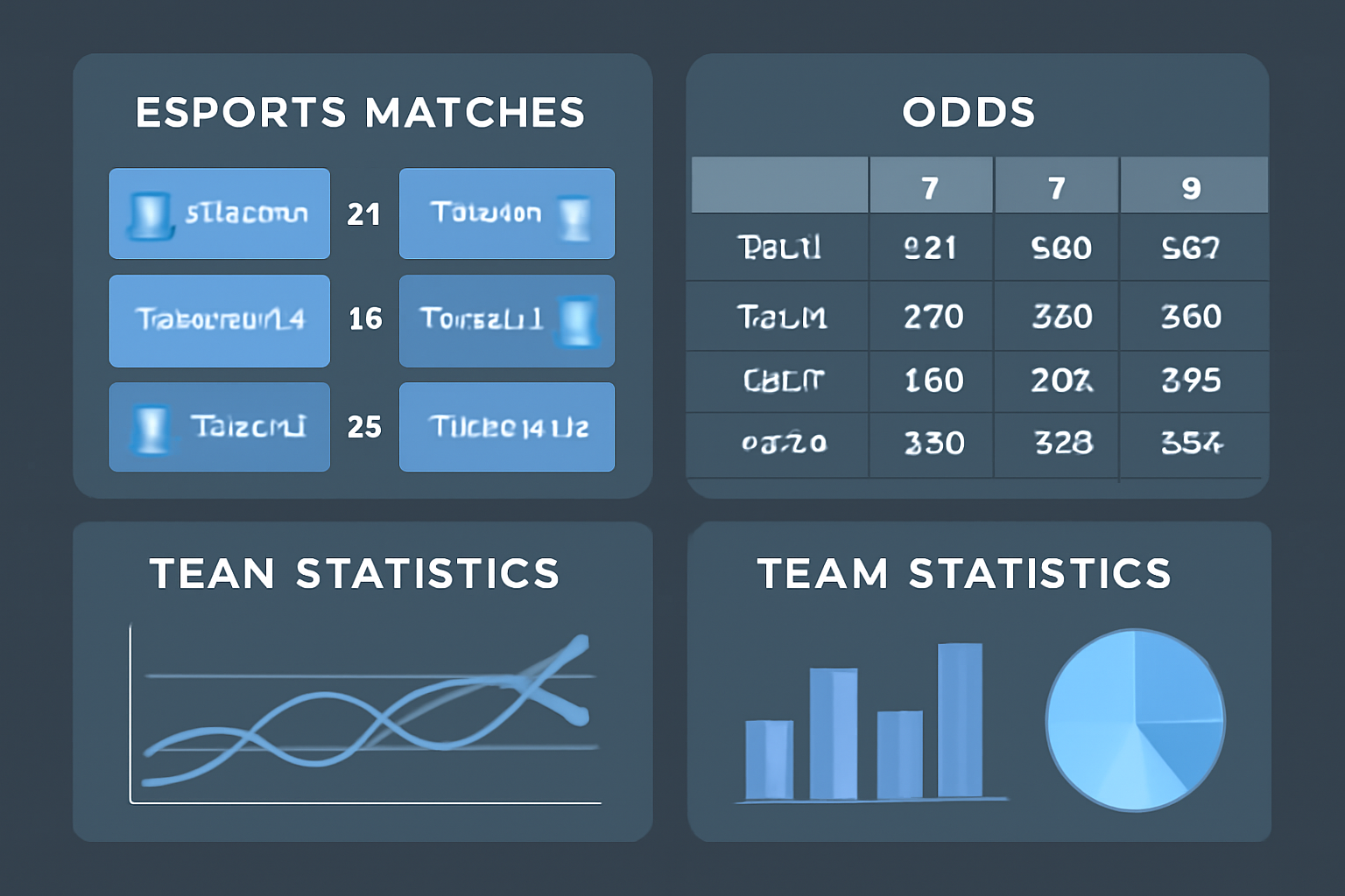 A dashboard with esports match listings, odds tables, and team statistics charts