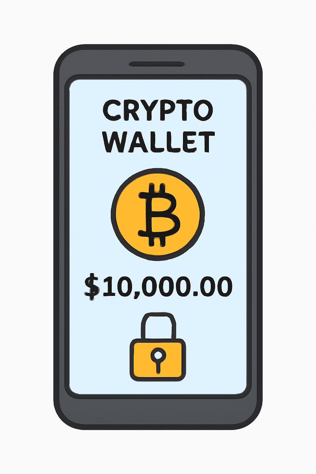 A smartphone screen showing a crypto wallet app with a Bitcoin balance and a secure lock icon