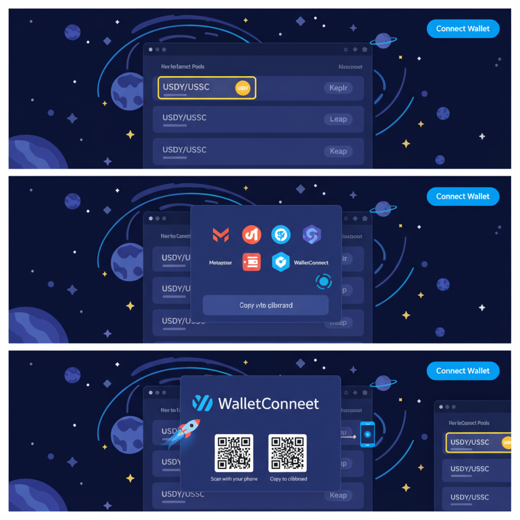 Wallet connect animation on Astroport DEX Sei Network, USDY pool highlighted, sleek DeFi interface, cosmic speed lines