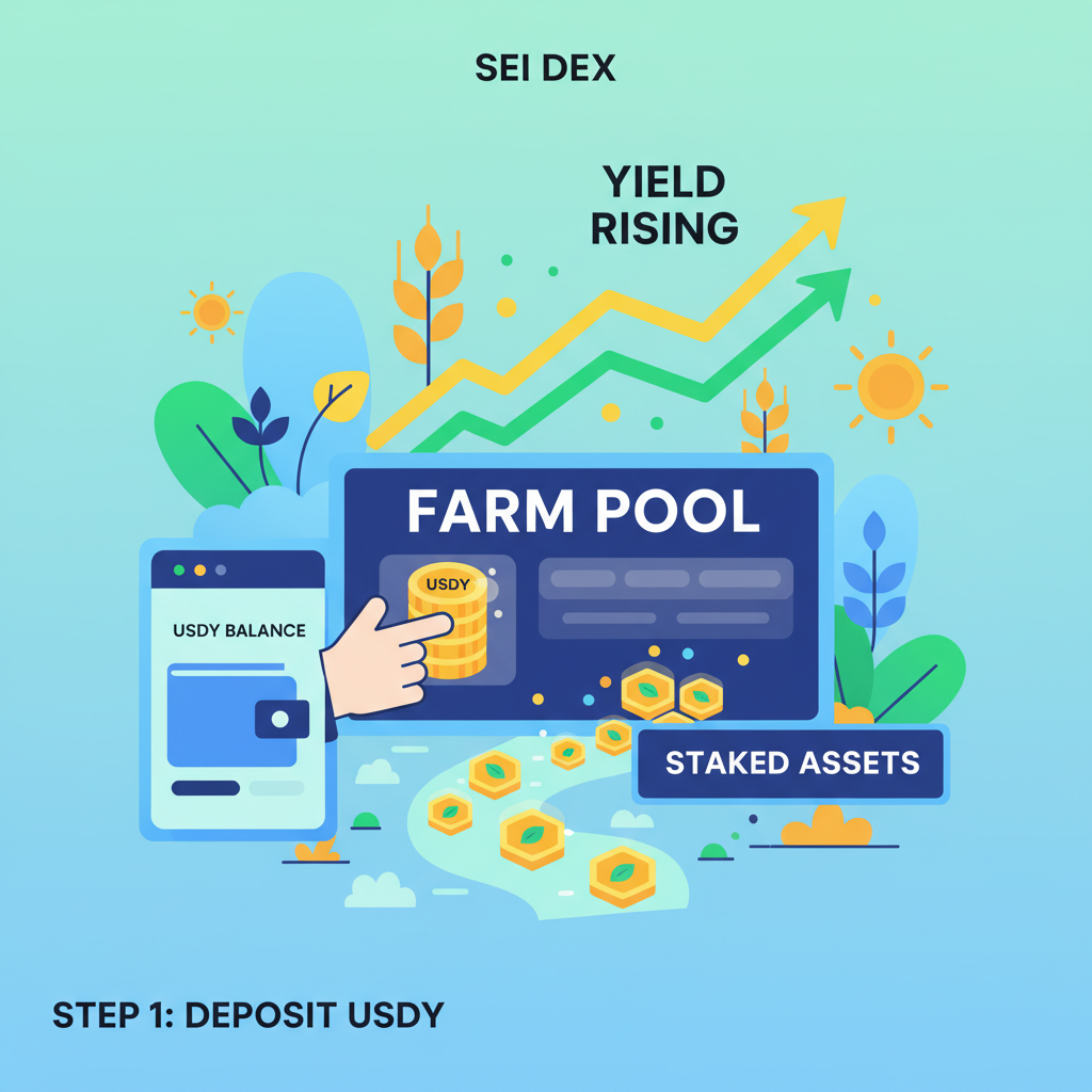 Depositing USDY into farm pool on Sei DEX, yield graphs rising, golden tokens flowing, vibrant farming animation